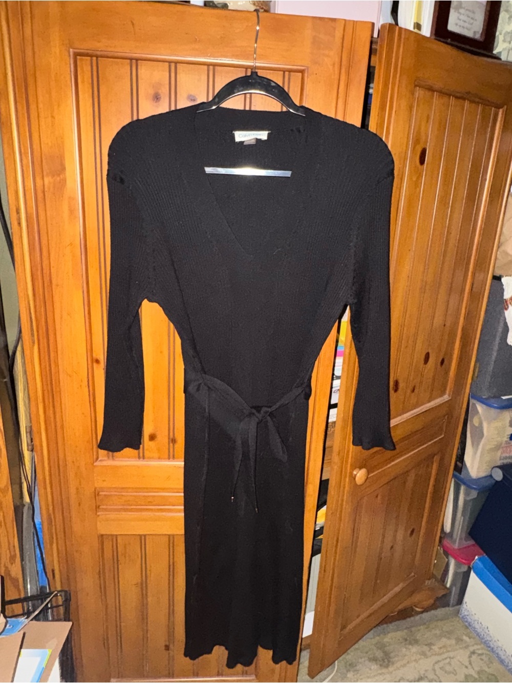 Calvin Klein Black Long-Sleeve Knit Wrap Dress with Waist Tie